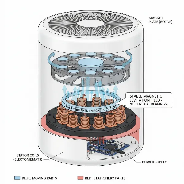 Diagram of a magnetic levitation fan showing rotor suspended by magnetic fields