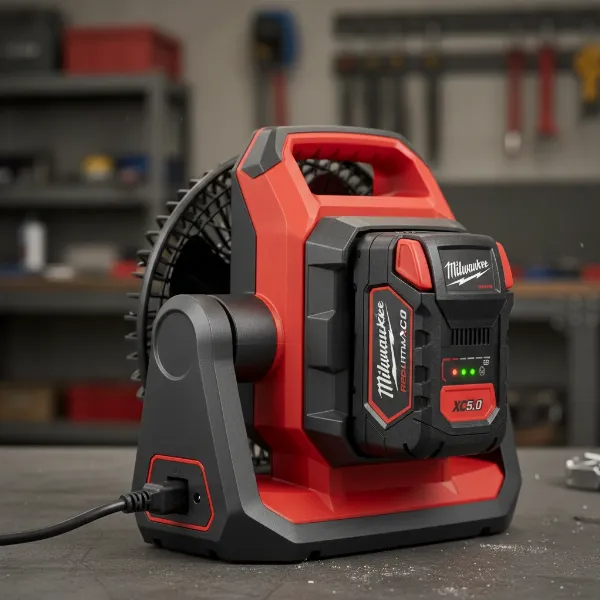 Close-up of Milwaukee M18 Jobsite Fan showing M18 battery and AC adapter