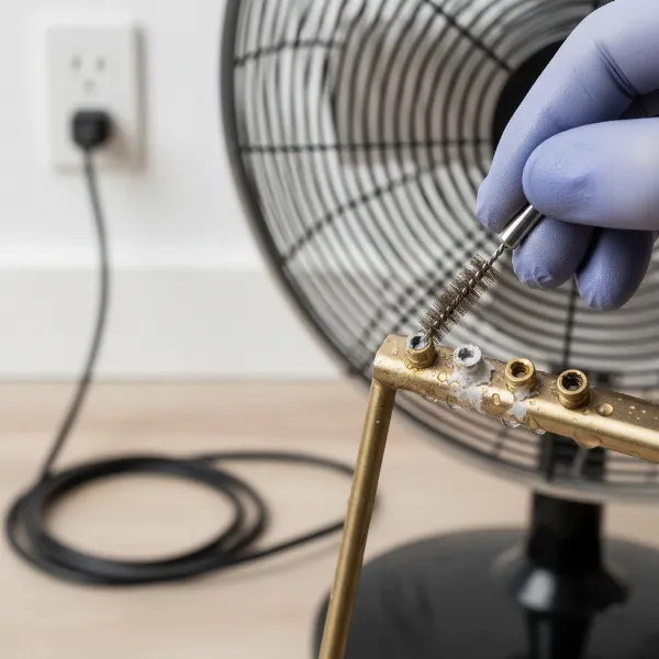 Close-up of a hand cleaning a misting fan nozzle to remove mineral deposits and maintain efficiency.