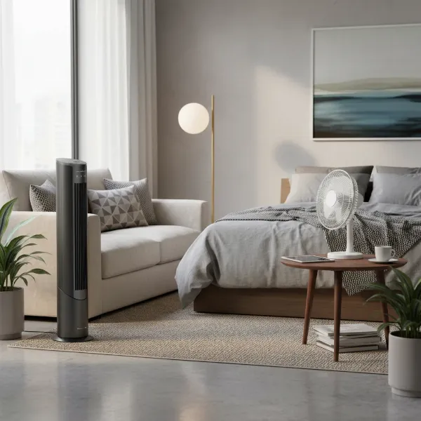 Two different electric fans in a stylish home: an oscillating tower fan and a small stationary desk fan.