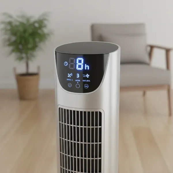 Close-up of a modern electric fan's control panel showing a digital timer display.