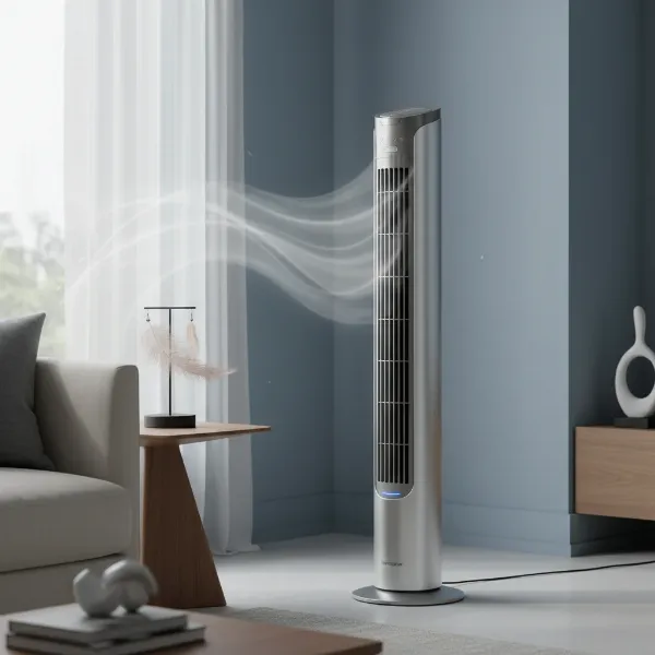A sleek Sharper Image tower fan or personal fan in a contemporary living space, operating quietly.
