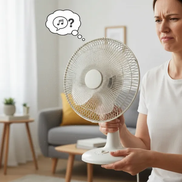 A person holding a noisy electric fan, contemplating lubrication to restore quiet operation.