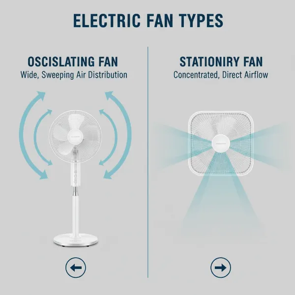 Infographic comparing air distribution of oscillating fan (wide sweep) and stationary fan (focused stream).