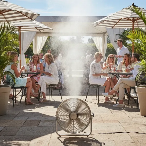 A powerful misting fan cooling an outdoor patio area with fine water mist.