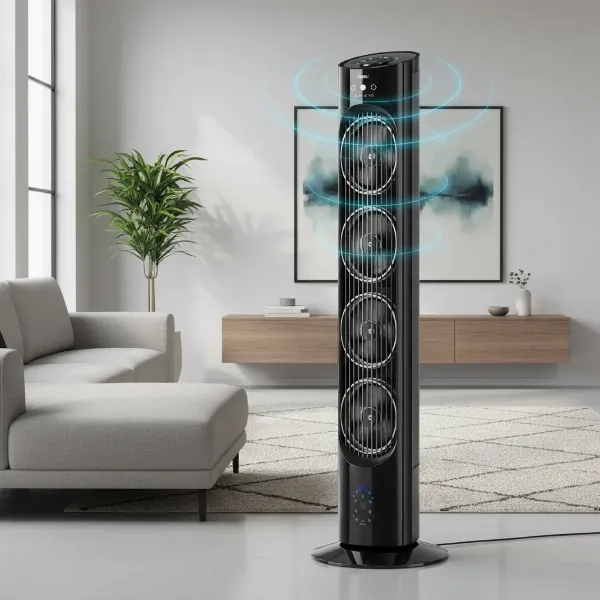 Ozeri 3x tower fan with three independent fans and sleek design for modern homes.