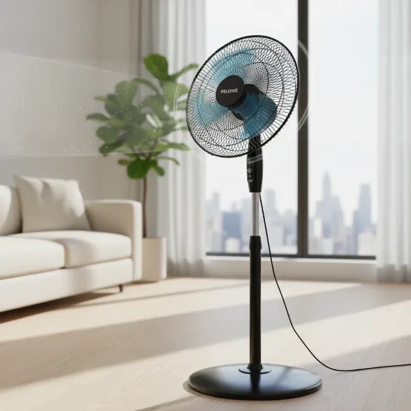 A Pelonis 16-inch pedestal fan demonstrating its adjustable height, tilt, and oscillation.