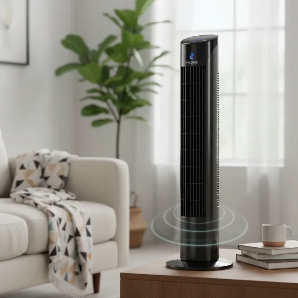 A modern Pelonis oscillating tower fan in a contemporary living space.