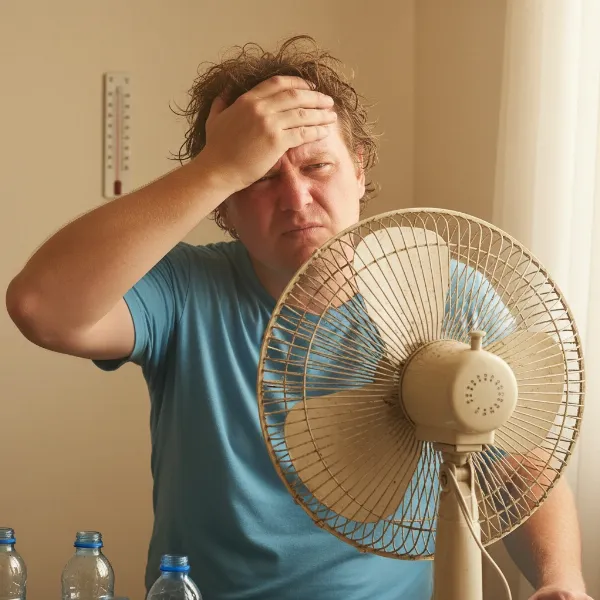 A frustrated person standing in front of a silent electric fan on a hot day.