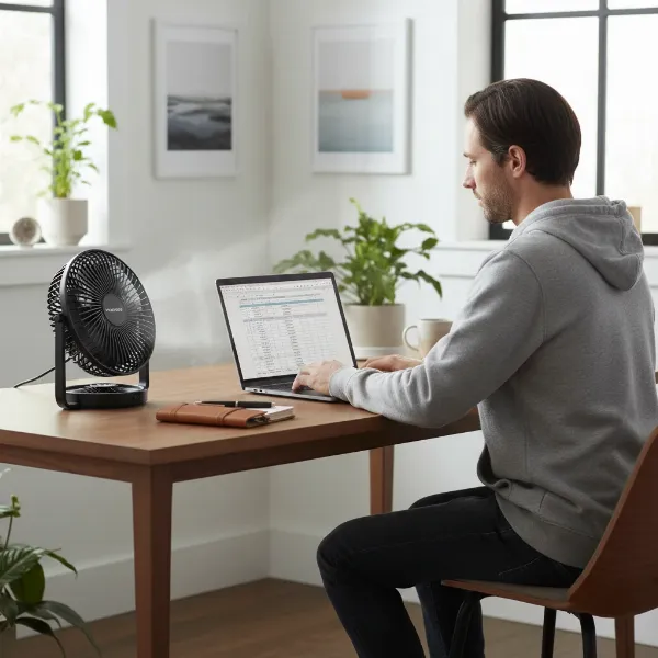 A person working at a desk with a Vornado Pivot fan providing focused airflow.