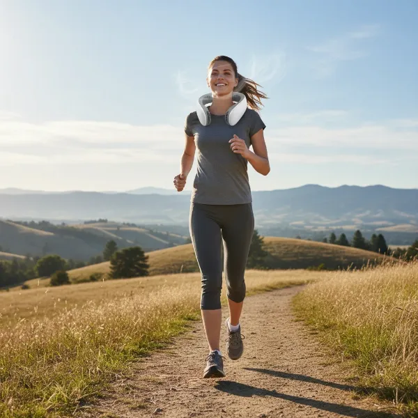 A person wearing a modern, bladeless neck fan during an outdoor activity, looking comfortable and cool.