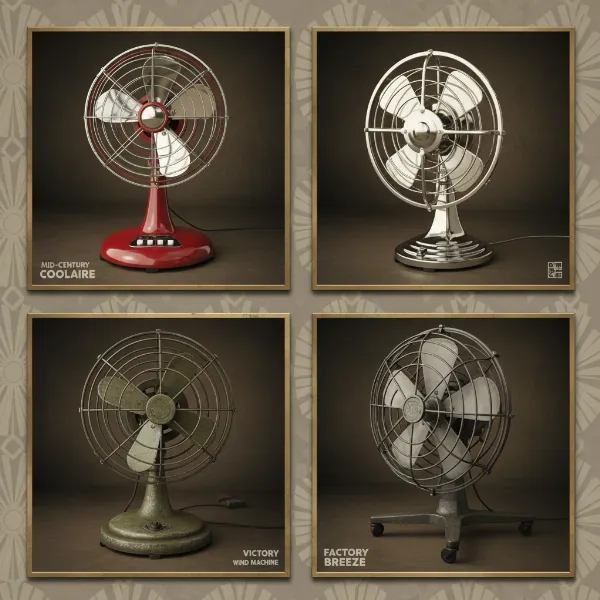Collage of popular retro electric fan styles: 50s pedestal, Art Deco, desk, industrial.