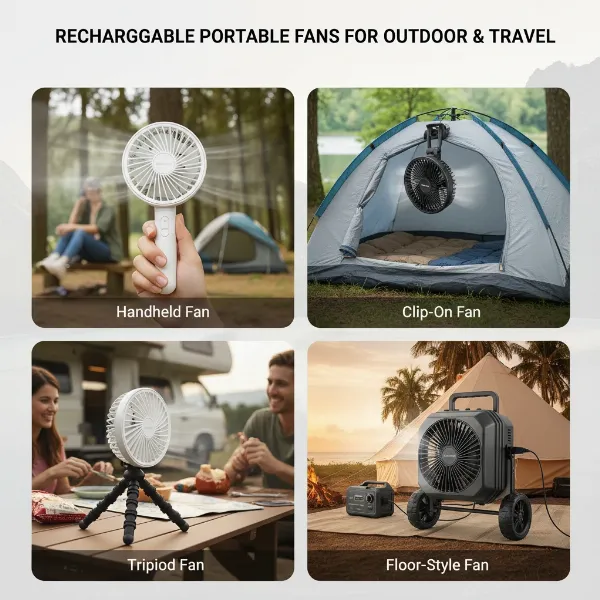 Diverse portable electric fans, including handheld, clip-on, tripod, and floor models, for outdoor and travel use.
