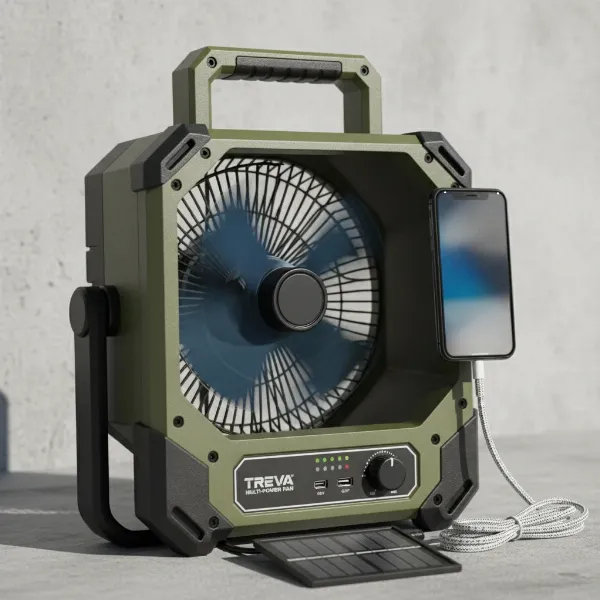 A portable battery-operated fan with a visible USB port charging a smartphone, emphasizing its power bank feature