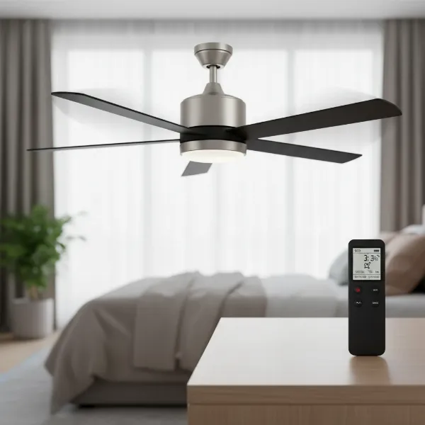 Modern DC motor ceiling fan operating silently with multiple speed settings and a wireless remote control.