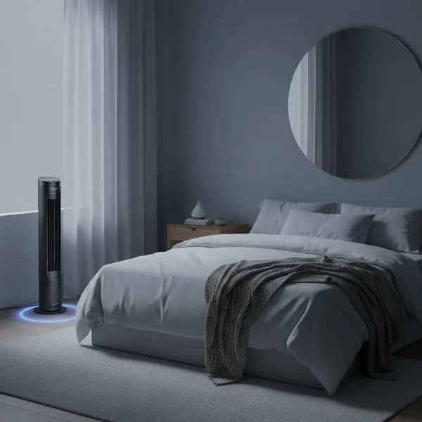 Modern, quiet tower fan operating in a peaceful bedroom for restful sleep.