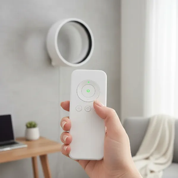 Person using remote control to adjust modern wall mounted fan, showcasing convenience and energy savings.
