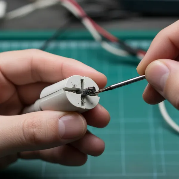 Close-up of hands using a small screwdriver to remove a blown fuse from a fan plug.