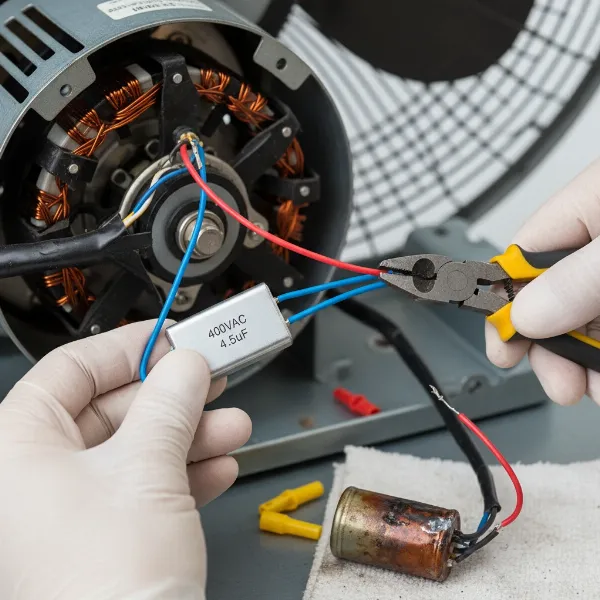 Close-up of hands replacing a faulty capacitor in a fan motor.