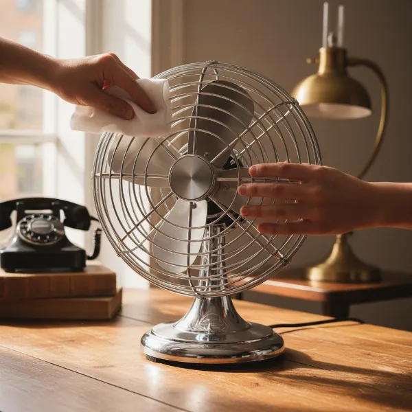 A retro-style electric fan being carefully cleaned in a beautifully decorated vintage living room.