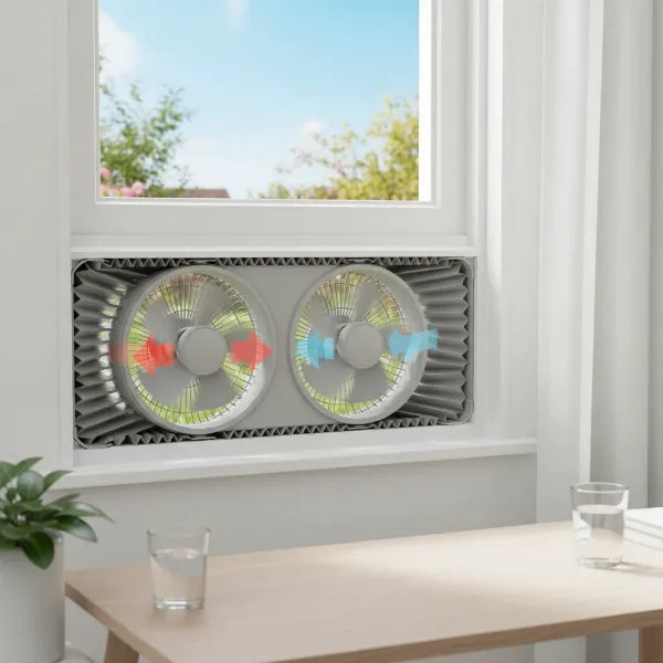 Dual-bladed window fan with expandable side panels perfectly sealed in a modern window frame.