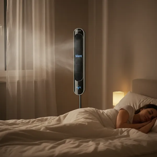 Quiet Rowenta fan operating in a bedroom at night, barely audible, providing gentle airflow