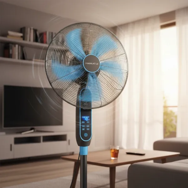 Rowenta fan delivering powerful airflow in a large living room, with adjustable head and oscillation
