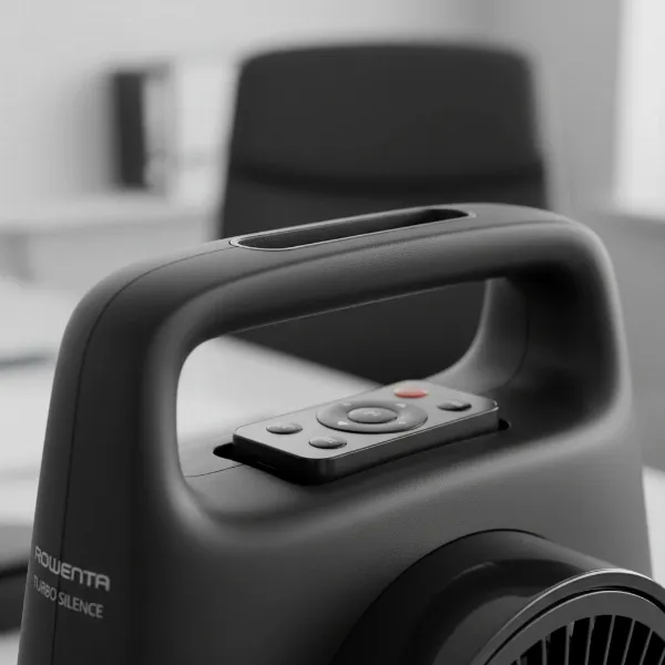 Close-up of the Rowenta VU2660 fan's top carrying handle with the remote control stored in its slot.