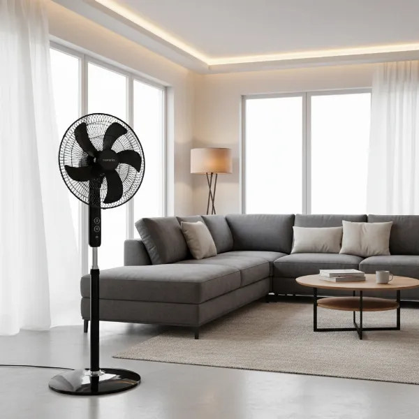 Rowenta VU5670 Turbo Silence Stand Fan in modern living room for quiet air circulation