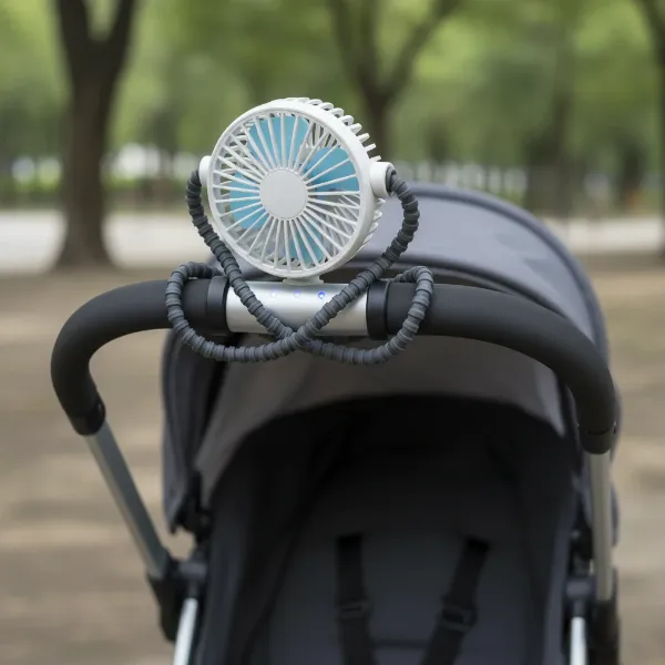 Close-up of a clip-on stroller fan securely attached to a stroller frame, aimed for indirect cooling.