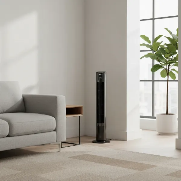 Seville Classics Ultra Slimline Tower Fan with a sleek black finish, blending into a modern living room corner