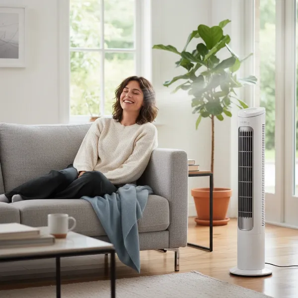 Happy person enjoying the cooling breeze from a Seville Classics Ultra Slimline Tower Fan at home
