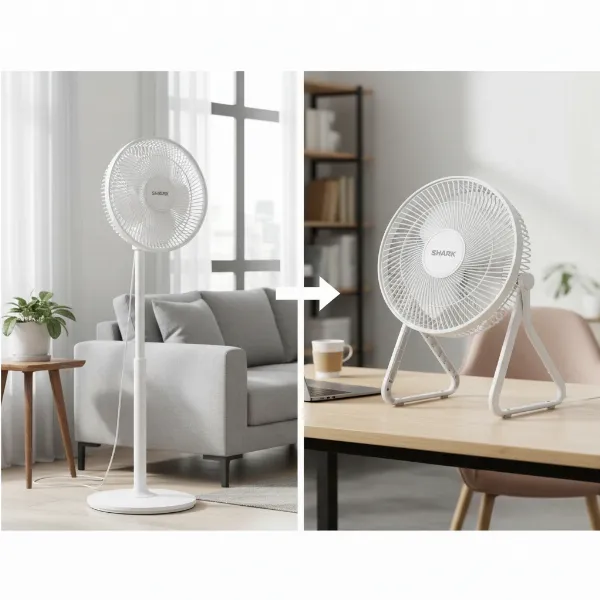 Shark FlexBreeze fan transforming from a full-size pedestal to a compact tabletop unit