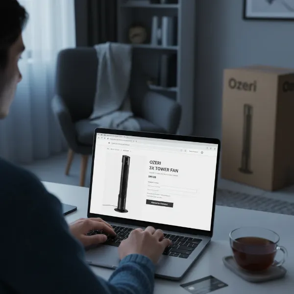 A person buying an Ozeri 3x Tower Fan online using a laptop, showing e-commerce website.