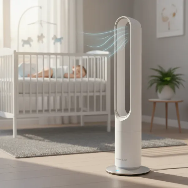 Ultra-quiet electric fan operating peacefully in a tranquil bedroom or serene baby nursery environment.