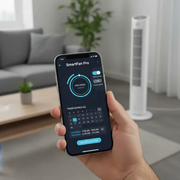 Person using a smartphone app to control a smart fan for energy saving.