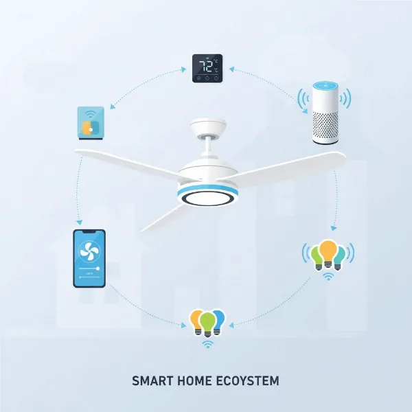 A smart fan seamlessly integrated into a smart home ecosystem, controlled by a smartphone app or voice assistant.