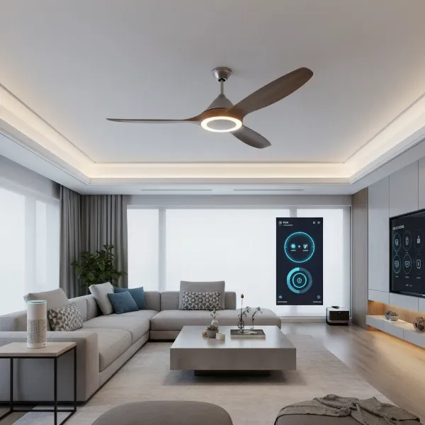 A modern smart ceiling fan integrated into a contemporary smart living room with voice assistant devices visible
