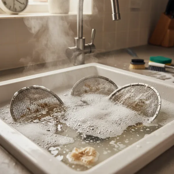 Kitchen exhaust fan filters soaking in hot, soapy water with baking soda in a large sink for degreasing.