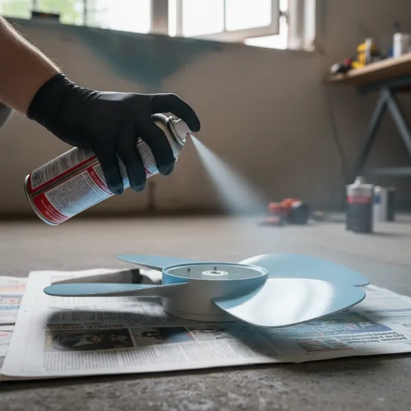 person applying spray paint to a plastic fan blade with even strokes