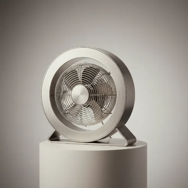 Close-up of Stadler Form Q fan, showcasing its unique brushed stainless steel and aluminum "Q" shape design.