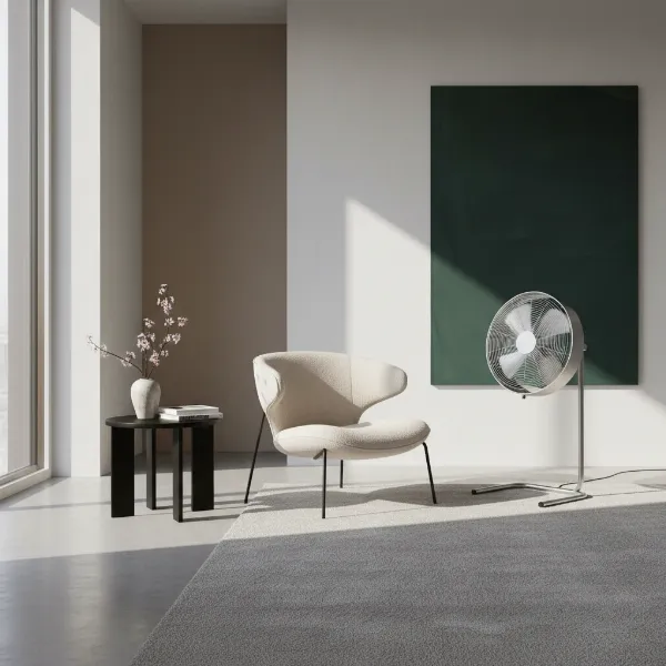 Stadler Form Q fan elegantly placed in a modern living room, blending seamlessly with contemporary decor.