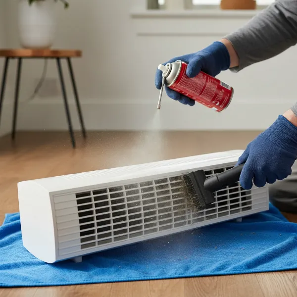 Person cleaning a tower fan's vents using a can of compressed air and a vacuum.