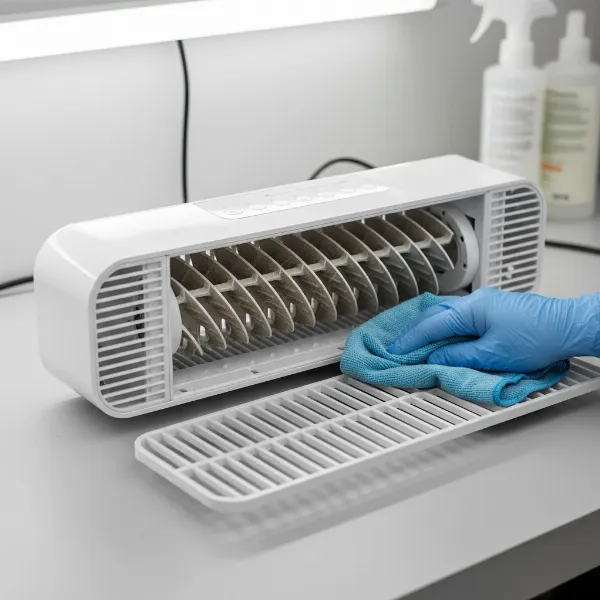 A tower fan with its front grille removed, revealing accessible internal components for easy cleaning.