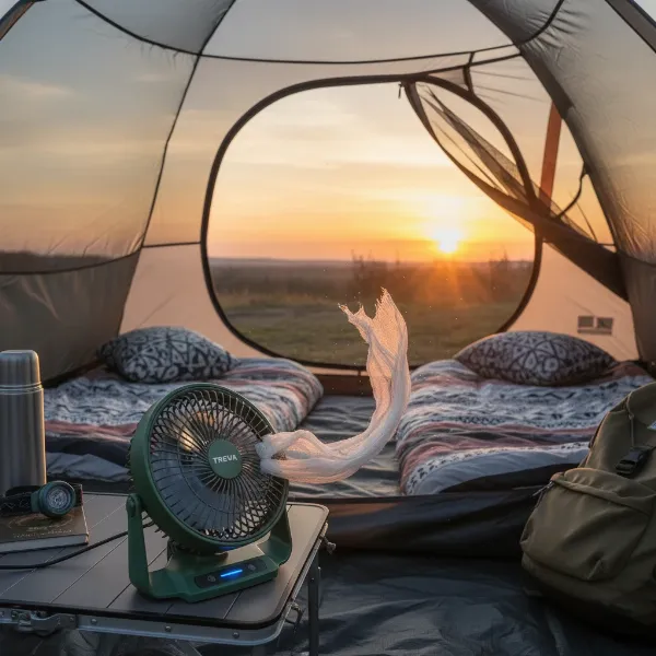 Treva 10-inch portable fan provides cooling inside a tent during a camping trip.