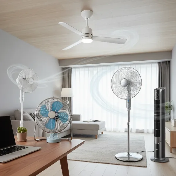 A collage showing various types of electric fans: ceiling, desk, pedestal, and tower fans.