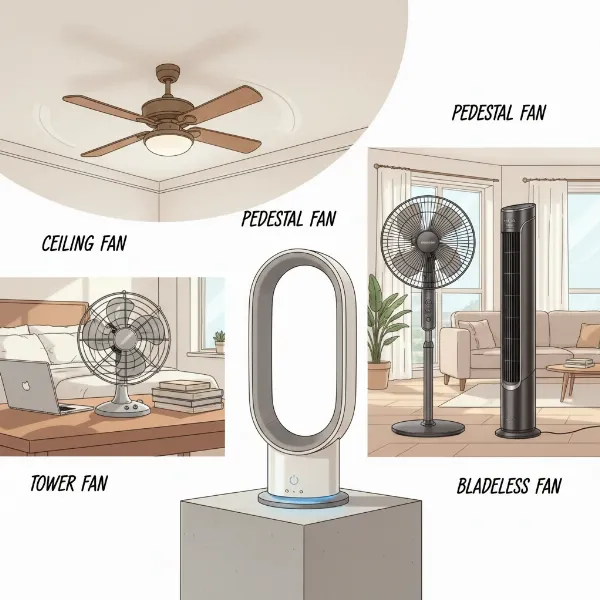 A collage showing different types of electric fans for home cooling.