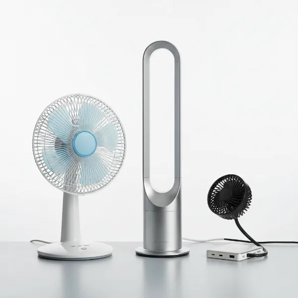 Assortment of compact, quiet desk fans including bladed, bladeless, and USB types.