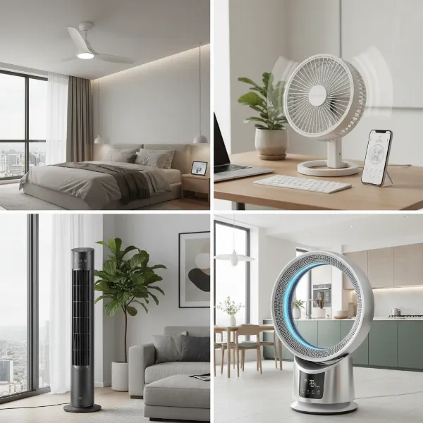 A collage of different smart fan types: ceiling, desk, tower, and air purifying fans in various modern home settings