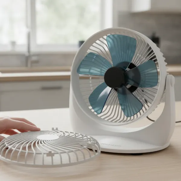 Close-up of Vornado 460 air circulator with its front grille detached, showing blades for cleaning.